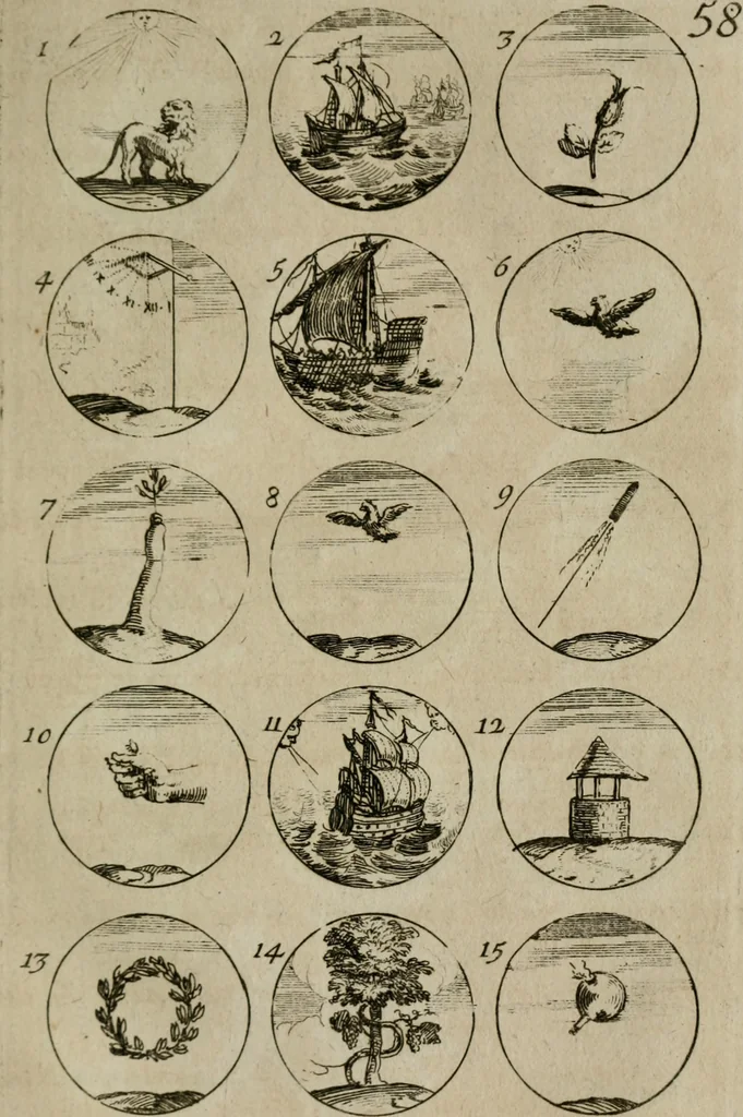 An illustration from Recueil d'emblêmes, devises, medailles, et figures hieroglyphiques, au nombre de plus de douze cent, avec leurs explications : accompagné de plus de deux mille chiffres fleuronnez simples, doubles & triples : d'une manière nouvelle & fort curieuse pour tous les noms imaginables : avec les tenants, supports, & cimiers servans aux ornemens des armes : cet ouvrage qui est enrichy de deux cens cinquante planches en taille-douce, est très-utile aux graveurs, peintres, sculpteurs, orfevres, brodeurs, serruriers, & à tous ceux qui travaillent au dessein, 1724, leaf 130