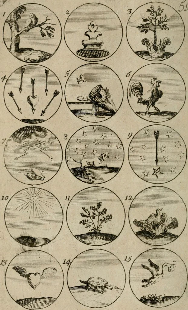 An illustration from Recueil d'emblêmes, devises, medailles, et figures hieroglyphiques, au nombre de plus de douze cent, avec leurs explications : accompagné de plus de deux mille chiffres fleuronnez simples, doubles & triples : d'une manière nouvelle & fort curieuse pour tous les noms imaginables : avec les tenants, supports, & cimiers servans aux ornemens des armes : cet ouvrage qui est enrichy de deux cens cinquante planches en taille-douce, est très-utile aux graveurs, peintres, sculpteurs, orfevres, brodeurs, serruriers, & à tous ceux qui travaillent au dessein, 1724, leaf 131