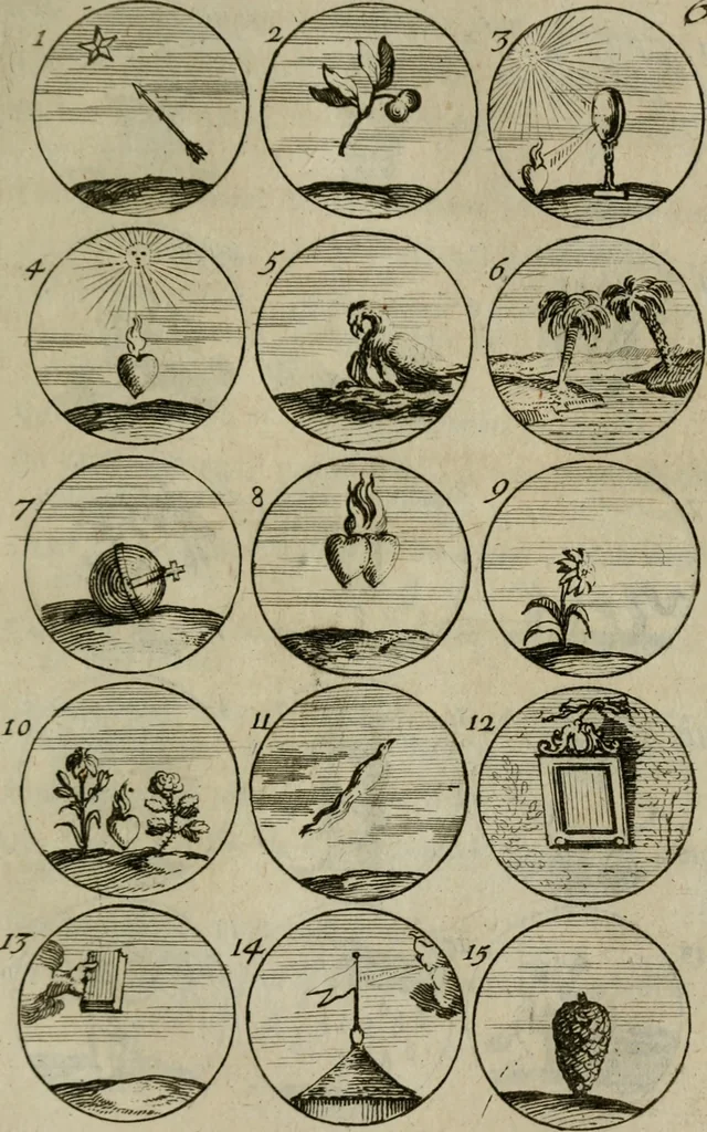 An illustration from Recueil d'emblêmes, devises, medailles, et figures hieroglyphiques, au nombre de plus de douze cent, avec leurs explications : accompagné de plus de deux mille chiffres fleuronnez simples, doubles & triples : d'une manière nouvelle & fort curieuse pour tous les noms imaginables : avec les tenants, supports, & cimiers servans aux ornemens des armes : cet ouvrage qui est enrichy de deux cens cinquante planches en taille-douce, est très-utile aux graveurs, peintres, sculpteurs, orfevres, brodeurs, serruriers, & à tous ceux qui travaillent au dessein, 1724, leaf 134