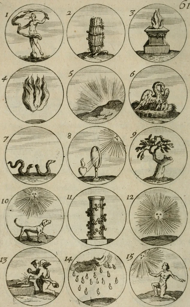 An illustration from Recueil d'emblêmes, devises, medailles, et figures hieroglyphiques, au nombre de plus de douze cent, avec leurs explications : accompagné de plus de deux mille chiffres fleuronnez simples, doubles & triples : d'une manière nouvelle & fort curieuse pour tous les noms imaginables : avec les tenants, supports, & cimiers servans aux ornemens des armes : cet ouvrage qui est enrichy de deux cens cinquante planches en taille-douce, est très-utile aux graveurs, peintres, sculpteurs, orfevres, brodeurs, serruriers, & à tous ceux qui travaillent au dessein, 1724, leaf 135