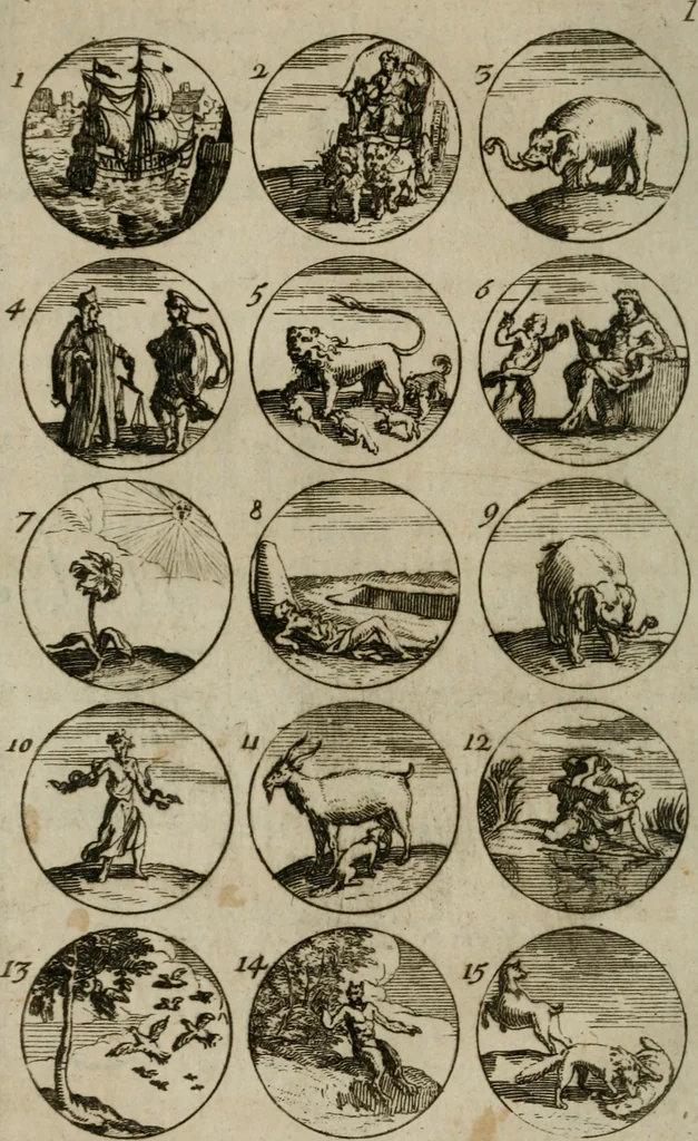 An illustration from Recueil d'emblêmes, devises, medailles, et figures hieroglyphiques, au nombre de plus de douze cent, avec leurs explications : accompagné de plus de deux mille chiffres fleuronnez simples, doubles & triples : d'une manière nouvelle & fort curieuse pour tous les noms imaginables : avec les tenants, supports, & cimiers servans aux ornemens des armes : cet ouvrage qui est enrichy de deux cens cinquante planches en taille-douce, est très-utile aux graveurs, peintres, sculpteurs, orfevres, brodeurs, serruriers, & à tous ceux qui travaillent au dessein, 1724, leaf 15