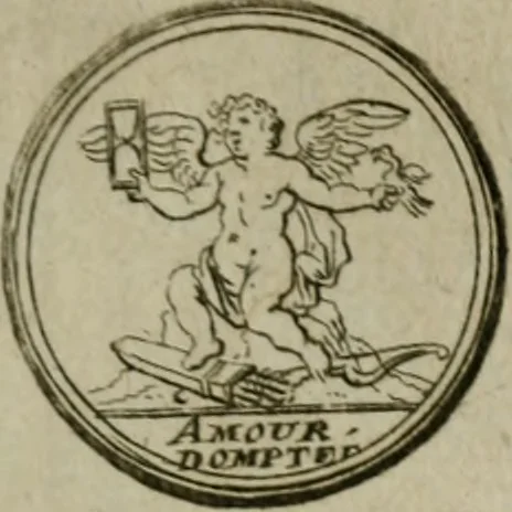 An illustration from Recueil d'emblêmes, devises, medailles, et figures hieroglyphiques, au nombre de plus de douze cent, avec leurs explications : accompagné de plus de deux mille chiffres fleuronnez simples, doubles & triples : d'une manière nouvelle & fort curieuse pour tous les noms imaginables : avec les tenants, supports, & cimiers servans aux ornemens des armes : cet ouvrage qui est enrichy de deux cens cinquante planches en taille-douce, est très-utile aux graveurs, peintres, sculpteurs, orfevres, brodeurs, serruriers, & à tous ceux qui travaillent au dessein, 1724, leaf 158