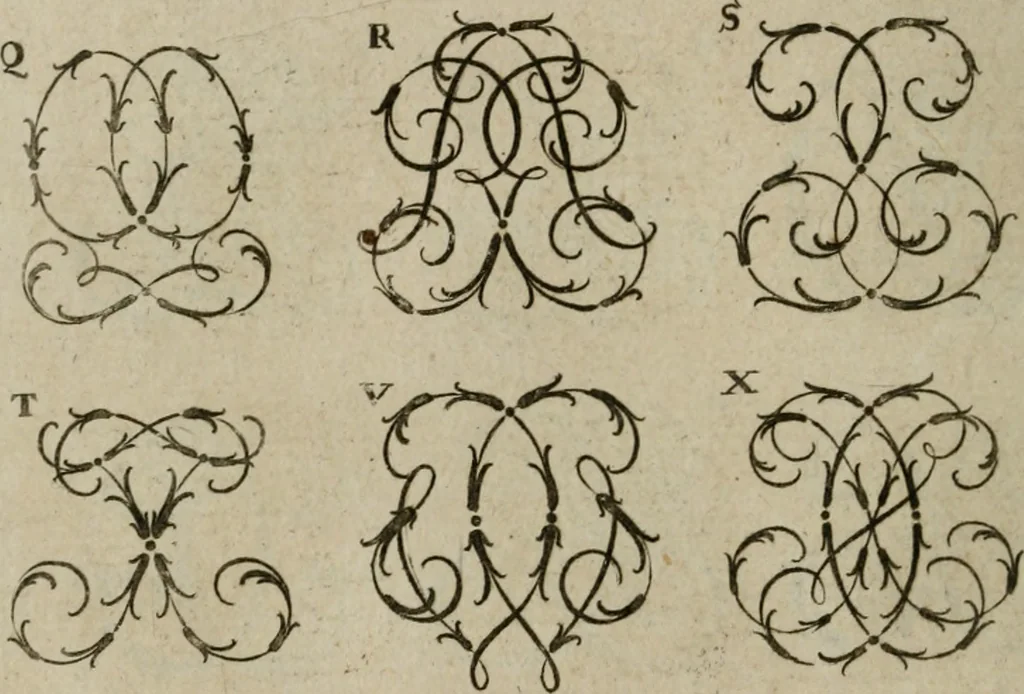 An illustration from Recueil d'emblêmes, devises, medailles, et figures hieroglyphiques, au nombre de plus de douze cent, avec leurs explications : accompagné de plus de deux mille chiffres fleuronnez simples, doubles & triples : d'une manière nouvelle & fort curieuse pour tous les noms imaginables : avec les tenants, supports, & cimiers servans aux ornemens des armes : cet ouvrage qui est enrichy de deux cens cinquante planches en taille-douce, est très-utile aux graveurs, peintres, sculpteurs, orfevres, brodeurs, serruriers, & à tous ceux qui travaillent au dessein, 1724, leaf 159