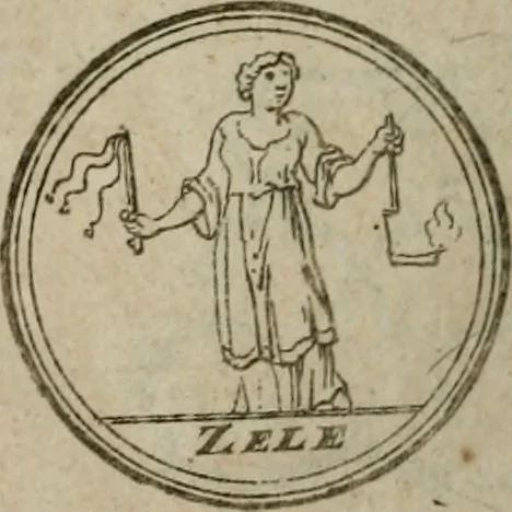An illustration from Recueil d'emblêmes, devises, medailles, et figures hieroglyphiques, au nombre de plus de douze cent, avec leurs explications : accompagné de plus de deux mille chiffres fleuronnez simples, doubles & triples : d'une manière nouvelle & fort curieuse pour tous les noms imaginables : avec les tenants, supports, & cimiers servans aux ornemens des armes : cet ouvrage qui est enrichy de deux cens cinquante planches en taille-douce, est très-utile aux graveurs, peintres, sculpteurs, orfevres, brodeurs, serruriers, & à tous ceux qui travaillent au dessein, 1724, leaf 159
