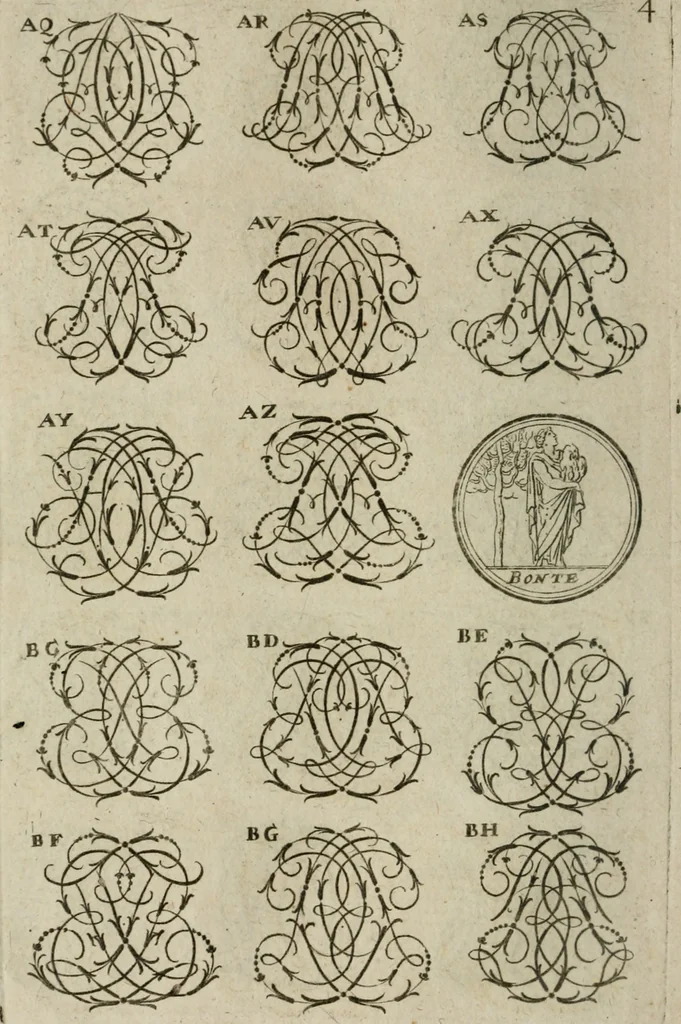 An illustration from Recueil d'emblêmes, devises, medailles, et figures hieroglyphiques, au nombre de plus de douze cent, avec leurs explications : accompagné de plus de deux mille chiffres fleuronnez simples, doubles & triples : d'une manière nouvelle & fort curieuse pour tous les noms imaginables : avec les tenants, supports, & cimiers servans aux ornemens des armes : cet ouvrage qui est enrichy de deux cens cinquante planches en taille-douce, est très-utile aux graveurs, peintres, sculpteurs, orfevres, brodeurs, serruriers, & à tous ceux qui travaillent au dessein, 1724, leaf 161