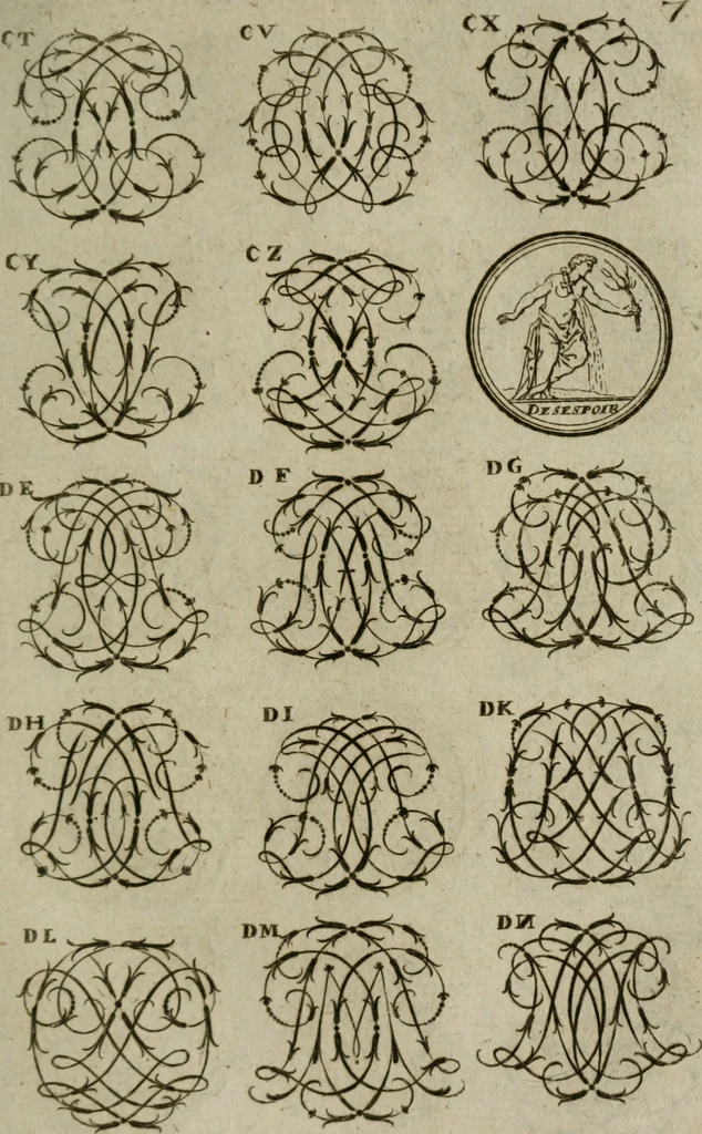 An illustration from Recueil d'emblêmes, devises, medailles, et figures hieroglyphiques, au nombre de plus de douze cent, avec leurs explications : accompagné de plus de deux mille chiffres fleuronnez simples, doubles & triples : d'une manière nouvelle & fort curieuse pour tous les noms imaginables : avec les tenants, supports, & cimiers servans aux ornemens des armes : cet ouvrage qui est enrichy de deux cens cinquante planches en taille-douce, est très-utile aux graveurs, peintres, sculpteurs, orfevres, brodeurs, serruriers, & à tous ceux qui travaillent au dessein, 1724, leaf 164