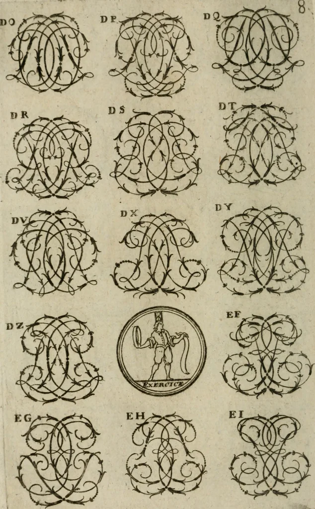 An illustration from Recueil d'emblêmes, devises, medailles, et figures hieroglyphiques, au nombre de plus de douze cent, avec leurs explications : accompagné de plus de deux mille chiffres fleuronnez simples, doubles & triples : d'une manière nouvelle & fort curieuse pour tous les noms imaginables : avec les tenants, supports, & cimiers servans aux ornemens des armes : cet ouvrage qui est enrichy de deux cens cinquante planches en taille-douce, est très-utile aux graveurs, peintres, sculpteurs, orfevres, brodeurs, serruriers, & à tous ceux qui travaillent au dessein, 1724, leaf 165