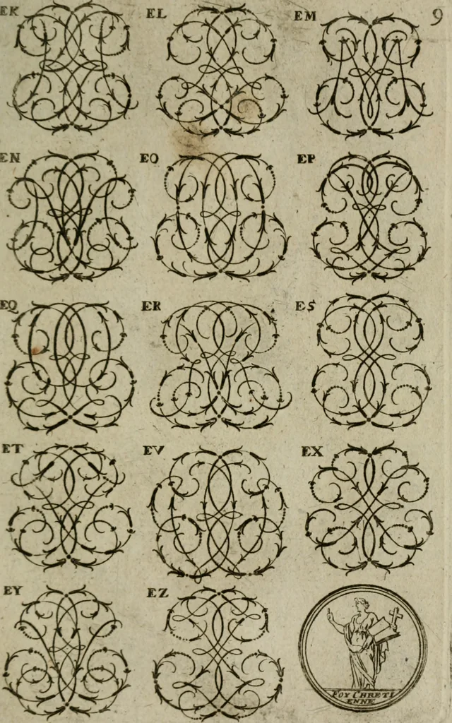 An illustration from Recueil d'emblêmes, devises, medailles, et figures hieroglyphiques, au nombre de plus de douze cent, avec leurs explications : accompagné de plus de deux mille chiffres fleuronnez simples, doubles & triples : d'une manière nouvelle & fort curieuse pour tous les noms imaginables : avec les tenants, supports, & cimiers servans aux ornemens des armes : cet ouvrage qui est enrichy de deux cens cinquante planches en taille-douce, est très-utile aux graveurs, peintres, sculpteurs, orfevres, brodeurs, serruriers, & à tous ceux qui travaillent au dessein, 1724, leaf 166