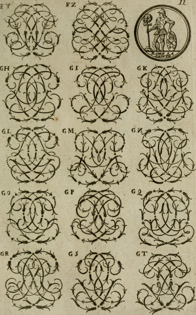 An illustration from Recueil d'emblêmes, devises, medailles, et figures hieroglyphiques, au nombre de plus de douze cent, avec leurs explications : accompagné de plus de deux mille chiffres fleuronnez simples, doubles & triples : d'une manière nouvelle & fort curieuse pour tous les noms imaginables : avec les tenants, supports, & cimiers servans aux ornemens des armes : cet ouvrage qui est enrichy de deux cens cinquante planches en taille-douce, est très-utile aux graveurs, peintres, sculpteurs, orfevres, brodeurs, serruriers, & à tous ceux qui travaillent au dessein, 1724, leaf 168