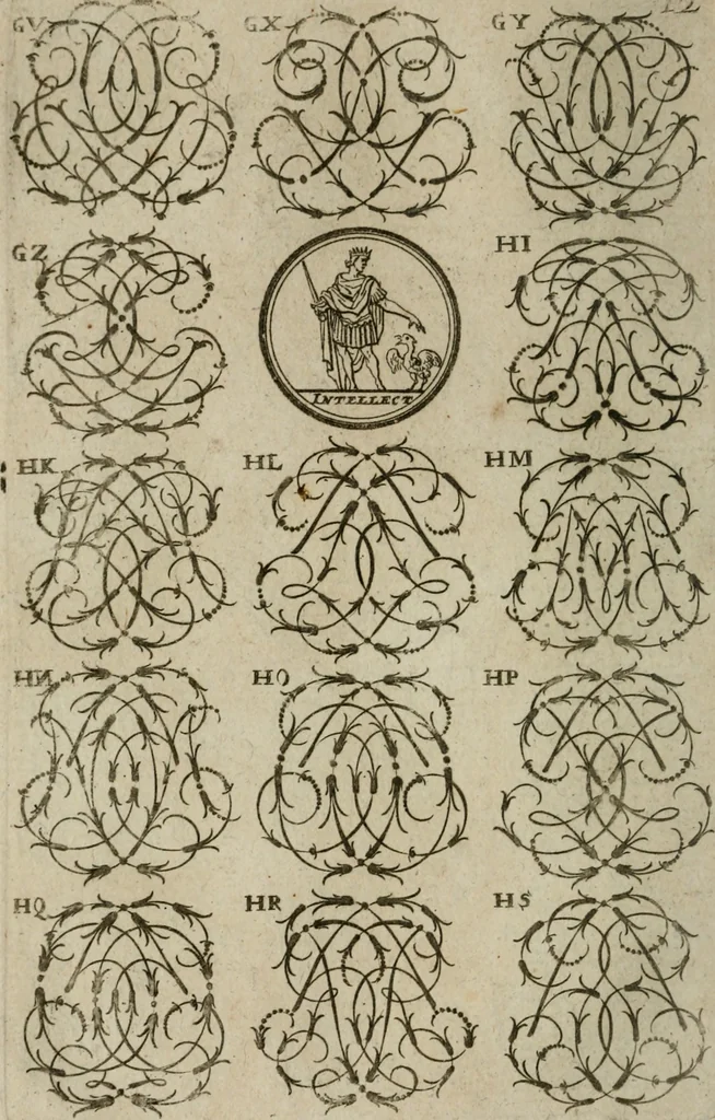 An illustration from Recueil d'emblêmes, devises, medailles, et figures hieroglyphiques, au nombre de plus de douze cent, avec leurs explications : accompagné de plus de deux mille chiffres fleuronnez simples, doubles & triples : d'une manière nouvelle & fort curieuse pour tous les noms imaginables : avec les tenants, supports, & cimiers servans aux ornemens des armes : cet ouvrage qui est enrichy de deux cens cinquante planches en taille-douce, est très-utile aux graveurs, peintres, sculpteurs, orfevres, brodeurs, serruriers, & à tous ceux qui travaillent au dessein, 1724, leaf 169