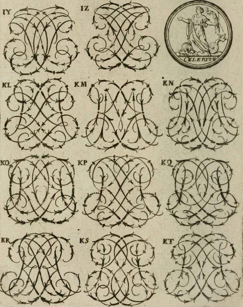 An illustration from Recueil d'emblêmes, devises, medailles, et figures hieroglyphiques, au nombre de plus de douze cent, avec leurs explications : accompagné de plus de deux mille chiffres fleuronnez simples, doubles & triples : d'une manière nouvelle & fort curieuse pour tous les noms imaginables : avec les tenants, supports, & cimiers servans aux ornemens des armes : cet ouvrage qui est enrichy de deux cens cinquante planches en taille-douce, est très-utile aux graveurs, peintres, sculpteurs, orfevres, brodeurs, serruriers, & à tous ceux qui travaillent au dessein, 1724, leaf 171