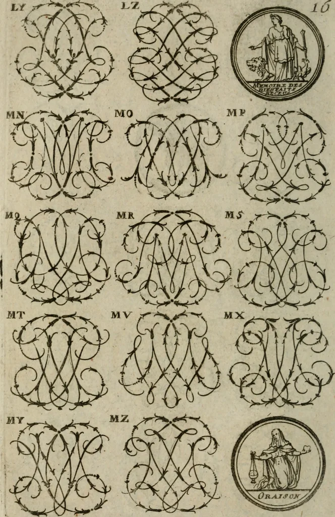An illustration from Recueil d'emblêmes, devises, medailles, et figures hieroglyphiques, au nombre de plus de douze cent, avec leurs explications : accompagné de plus de deux mille chiffres fleuronnez simples, doubles & triples : d'une manière nouvelle & fort curieuse pour tous les noms imaginables : avec les tenants, supports, & cimiers servans aux ornemens des armes : cet ouvrage qui est enrichy de deux cens cinquante planches en taille-douce, est très-utile aux graveurs, peintres, sculpteurs, orfevres, brodeurs, serruriers, & à tous ceux qui travaillent au dessein, 1724, leaf 173