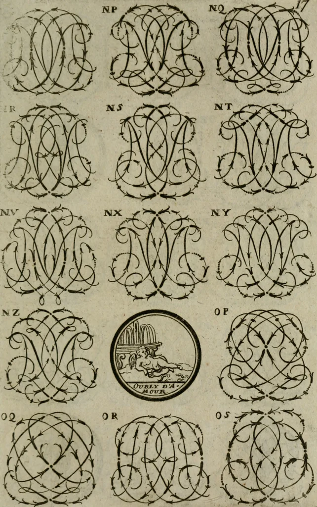 An illustration from Recueil d'emblêmes, devises, medailles, et figures hieroglyphiques, au nombre de plus de douze cent, avec leurs explications : accompagné de plus de deux mille chiffres fleuronnez simples, doubles & triples : d'une manière nouvelle & fort curieuse pour tous les noms imaginables : avec les tenants, supports, & cimiers servans aux ornemens des armes : cet ouvrage qui est enrichy de deux cens cinquante planches en taille-douce, est très-utile aux graveurs, peintres, sculpteurs, orfevres, brodeurs, serruriers, & à tous ceux qui travaillent au dessein, 1724, leaf 174
