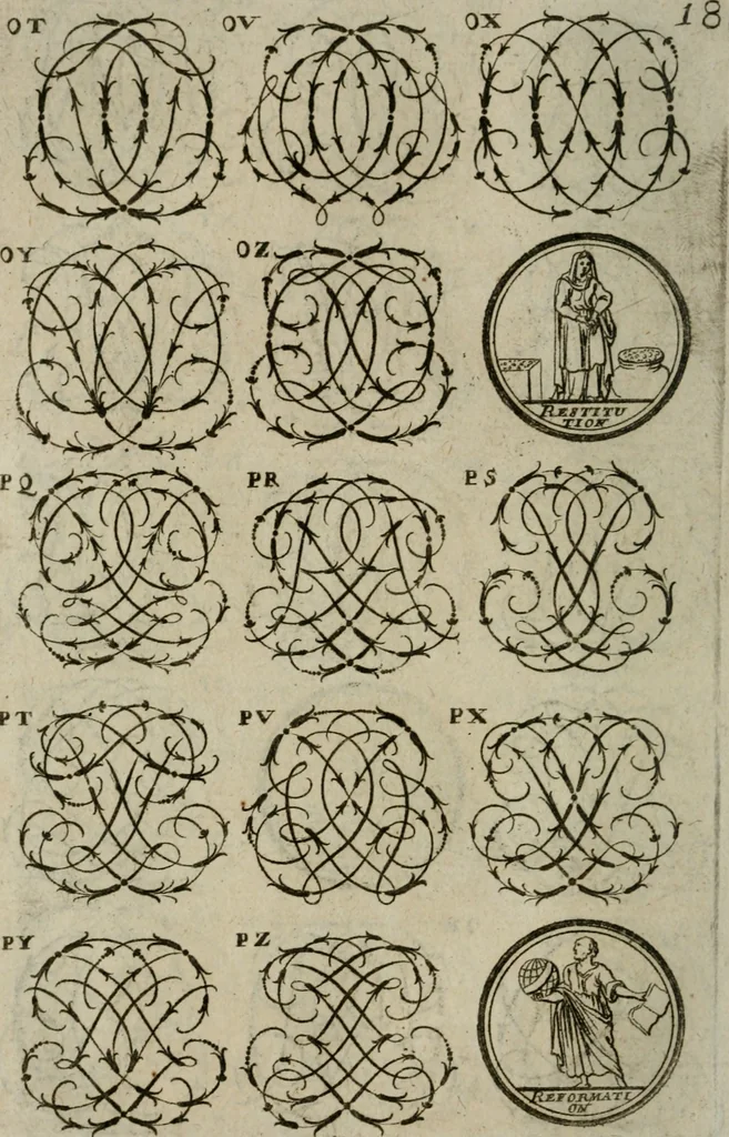 An illustration from Recueil d'emblêmes, devises, medailles, et figures hieroglyphiques, au nombre de plus de douze cent, avec leurs explications : accompagné de plus de deux mille chiffres fleuronnez simples, doubles & triples : d'une manière nouvelle & fort curieuse pour tous les noms imaginables : avec les tenants, supports, & cimiers servans aux ornemens des armes : cet ouvrage qui est enrichy de deux cens cinquante planches en taille-douce, est très-utile aux graveurs, peintres, sculpteurs, orfevres, brodeurs, serruriers, & à tous ceux qui travaillent au dessein, 1724, leaf 175
