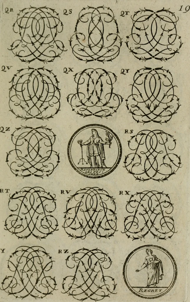 An illustration from Recueil d'emblêmes, devises, medailles, et figures hieroglyphiques, au nombre de plus de douze cent, avec leurs explications : accompagné de plus de deux mille chiffres fleuronnez simples, doubles & triples : d'une manière nouvelle & fort curieuse pour tous les noms imaginables : avec les tenants, supports, & cimiers servans aux ornemens des armes : cet ouvrage qui est enrichy de deux cens cinquante planches en taille-douce, est très-utile aux graveurs, peintres, sculpteurs, orfevres, brodeurs, serruriers, & à tous ceux qui travaillent au dessein, 1724, leaf 176