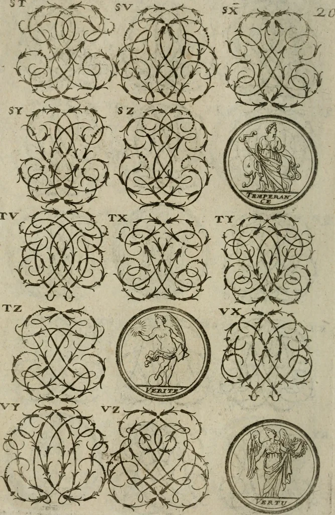 An illustration from Recueil d'emblêmes, devises, medailles, et figures hieroglyphiques, au nombre de plus de douze cent, avec leurs explications : accompagné de plus de deux mille chiffres fleuronnez simples, doubles & triples : d'une manière nouvelle & fort curieuse pour tous les noms imaginables : avec les tenants, supports, & cimiers servans aux ornemens des armes : cet ouvrage qui est enrichy de deux cens cinquante planches en taille-douce, est très-utile aux graveurs, peintres, sculpteurs, orfevres, brodeurs, serruriers, & à tous ceux qui travaillent au dessein, 1724, leaf 177