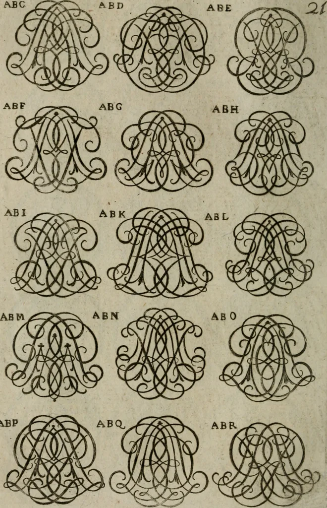 An illustration from Recueil d'emblêmes, devises, medailles, et figures hieroglyphiques, au nombre de plus de douze cent, avec leurs explications : accompagné de plus de deux mille chiffres fleuronnez simples, doubles & triples : d'une manière nouvelle & fort curieuse pour tous les noms imaginables : avec les tenants, supports, & cimiers servans aux ornemens des armes : cet ouvrage qui est enrichy de deux cens cinquante planches en taille-douce, est très-utile aux graveurs, peintres, sculpteurs, orfevres, brodeurs, serruriers, & à tous ceux qui travaillent au dessein, 1724, leaf 179