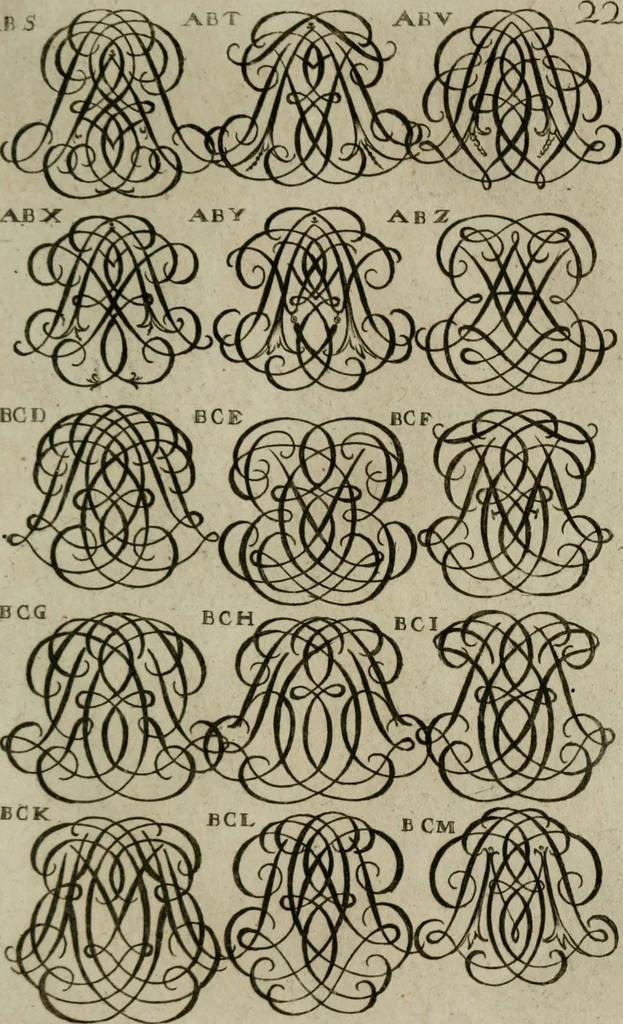 An illustration from Recueil d'emblêmes, devises, medailles, et figures hieroglyphiques, au nombre de plus de douze cent, avec leurs explications : accompagné de plus de deux mille chiffres fleuronnez simples, doubles & triples : d'une manière nouvelle & fort curieuse pour tous les noms imaginables : avec les tenants, supports, & cimiers servans aux ornemens des armes : cet ouvrage qui est enrichy de deux cens cinquante planches en taille-douce, est très-utile aux graveurs, peintres, sculpteurs, orfevres, brodeurs, serruriers, & à tous ceux qui travaillent au dessein, 1724, leaf 180