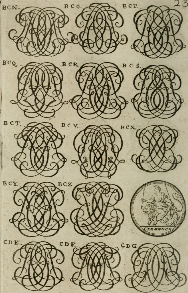An illustration from Recueil d'emblêmes, devises, medailles, et figures hieroglyphiques, au nombre de plus de douze cent, avec leurs explications : accompagné de plus de deux mille chiffres fleuronnez simples, doubles & triples : d'une manière nouvelle & fort curieuse pour tous les noms imaginables : avec les tenants, supports, & cimiers servans aux ornemens des armes : cet ouvrage qui est enrichy de deux cens cinquante planches en taille-douce, est très-utile aux graveurs, peintres, sculpteurs, orfevres, brodeurs, serruriers, & à tous ceux qui travaillent au dessein, 1724, leaf 181