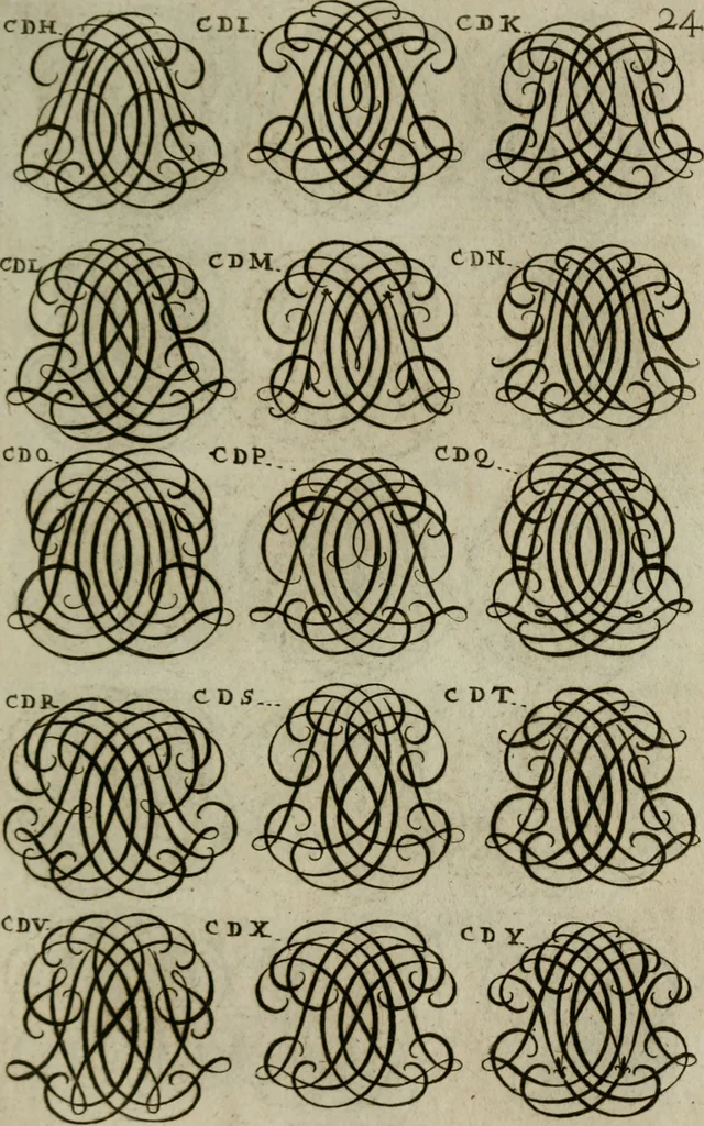 An illustration from Recueil d'emblêmes, devises, medailles, et figures hieroglyphiques, au nombre de plus de douze cent, avec leurs explications : accompagné de plus de deux mille chiffres fleuronnez simples, doubles & triples : d'une manière nouvelle & fort curieuse pour tous les noms imaginables : avec les tenants, supports, & cimiers servans aux ornemens des armes : cet ouvrage qui est enrichy de deux cens cinquante planches en taille-douce, est très-utile aux graveurs, peintres, sculpteurs, orfevres, brodeurs, serruriers, & à tous ceux qui travaillent au dessein, 1724, leaf 182