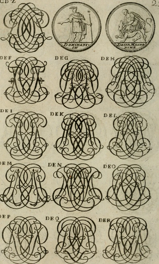 An illustration from Recueil d'emblêmes, devises, medailles, et figures hieroglyphiques, au nombre de plus de douze cent, avec leurs explications : accompagné de plus de deux mille chiffres fleuronnez simples, doubles & triples : d'une manière nouvelle & fort curieuse pour tous les noms imaginables : avec les tenants, supports, & cimiers servans aux ornemens des armes : cet ouvrage qui est enrichy de deux cens cinquante planches en taille-douce, est très-utile aux graveurs, peintres, sculpteurs, orfevres, brodeurs, serruriers, & à tous ceux qui travaillent au dessein, 1724, leaf 183