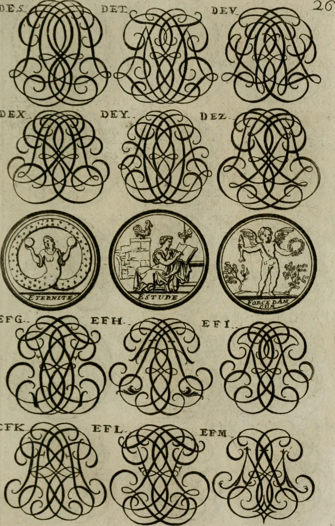 An illustration from Recueil d'emblêmes, devises, medailles, et figures hieroglyphiques, au nombre de plus de douze cent, avec leurs explications : accompagné de plus de deux mille chiffres fleuronnez simples, doubles & triples : d'une manière nouvelle & fort curieuse pour tous les noms imaginables : avec les tenants, supports, & cimiers servans aux ornemens des armes : cet ouvrage qui est enrichy de deux cens cinquante planches en taille-douce, est très-utile aux graveurs, peintres, sculpteurs, orfevres, brodeurs, serruriers, & à tous ceux qui travaillent au dessein, 1724, leaf 184