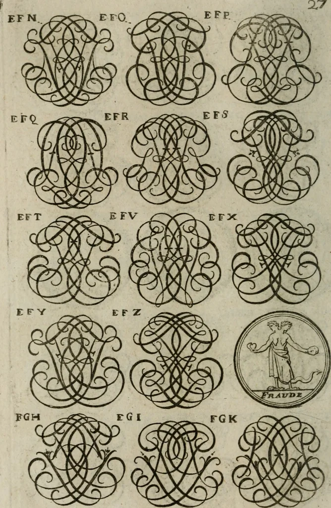 An illustration from Recueil d'emblêmes, devises, medailles, et figures hieroglyphiques, au nombre de plus de douze cent, avec leurs explications : accompagné de plus de deux mille chiffres fleuronnez simples, doubles & triples : d'une manière nouvelle & fort curieuse pour tous les noms imaginables : avec les tenants, supports, & cimiers servans aux ornemens des armes : cet ouvrage qui est enrichy de deux cens cinquante planches en taille-douce, est très-utile aux graveurs, peintres, sculpteurs, orfevres, brodeurs, serruriers, & à tous ceux qui travaillent au dessein, 1724, leaf 185