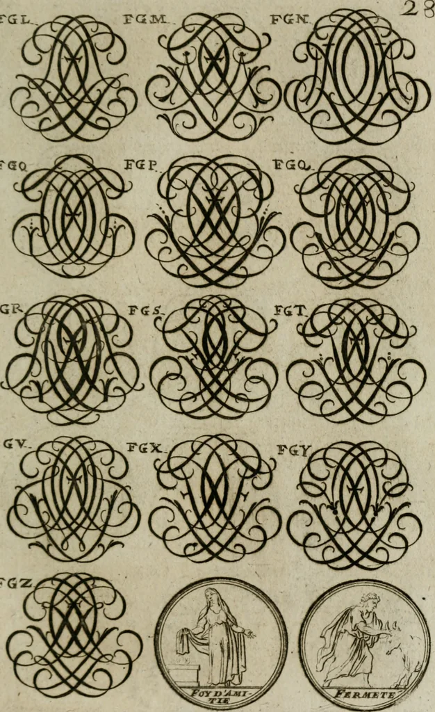 An illustration from Recueil d'emblêmes, devises, medailles, et figures hieroglyphiques, au nombre de plus de douze cent, avec leurs explications : accompagné de plus de deux mille chiffres fleuronnez simples, doubles & triples : d'une manière nouvelle & fort curieuse pour tous les noms imaginables : avec les tenants, supports, & cimiers servans aux ornemens des armes : cet ouvrage qui est enrichy de deux cens cinquante planches en taille-douce, est très-utile aux graveurs, peintres, sculpteurs, orfevres, brodeurs, serruriers, & à tous ceux qui travaillent au dessein, 1724, leaf 186