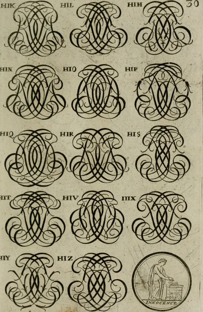 An illustration from Recueil d'emblêmes, devises, medailles, et figures hieroglyphiques, au nombre de plus de douze cent, avec leurs explications : accompagné de plus de deux mille chiffres fleuronnez simples, doubles & triples : d'une manière nouvelle & fort curieuse pour tous les noms imaginables : avec les tenants, supports, & cimiers servans aux ornemens des armes : cet ouvrage qui est enrichy de deux cens cinquante planches en taille-douce, est très-utile aux graveurs, peintres, sculpteurs, orfevres, brodeurs, serruriers, & à tous ceux qui travaillent au dessein, 1724, leaf 188