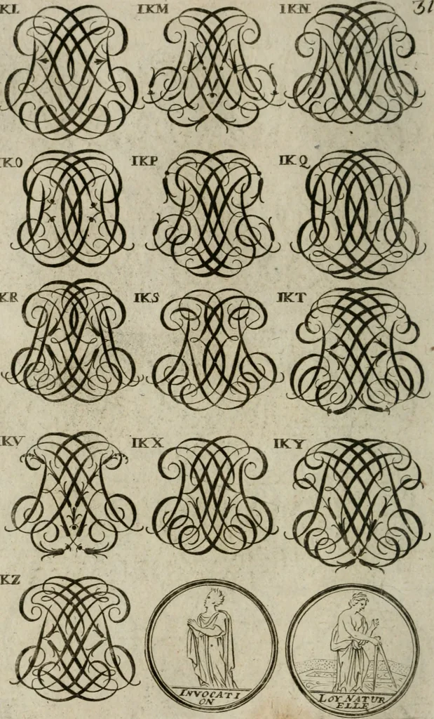 An illustration from Recueil d'emblêmes, devises, medailles, et figures hieroglyphiques, au nombre de plus de douze cent, avec leurs explications : accompagné de plus de deux mille chiffres fleuronnez simples, doubles & triples : d'une manière nouvelle & fort curieuse pour tous les noms imaginables : avec les tenants, supports, & cimiers servans aux ornemens des armes : cet ouvrage qui est enrichy de deux cens cinquante planches en taille-douce, est très-utile aux graveurs, peintres, sculpteurs, orfevres, brodeurs, serruriers, & à tous ceux qui travaillent au dessein, 1724, leaf 189