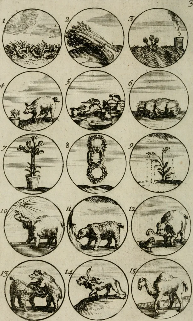 An illustration from Recueil d'emblêmes, devises, medailles, et figures hieroglyphiques, au nombre de plus de douze cent, avec leurs explications : accompagné de plus de deux mille chiffres fleuronnez simples, doubles & triples : d'une manière nouvelle & fort curieuse pour tous les noms imaginables : avec les tenants, supports, & cimiers servans aux ornemens des armes : cet ouvrage qui est enrichy de deux cens cinquante planches en taille-douce, est très-utile aux graveurs, peintres, sculpteurs, orfevres, brodeurs, serruriers, & à tous ceux qui travaillent au dessein, 1724, leaf 19