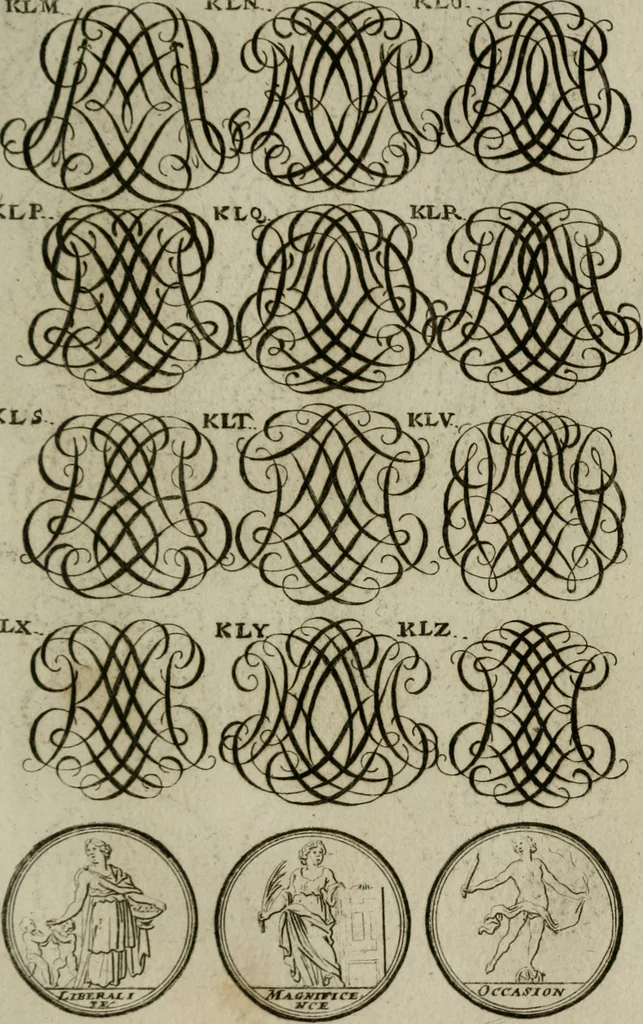 An illustration from Recueil d'emblêmes, devises, medailles, et figures hieroglyphiques, au nombre de plus de douze cent, avec leurs explications : accompagné de plus de deux mille chiffres fleuronnez simples, doubles & triples : d'une manière nouvelle & fort curieuse pour tous les noms imaginables : avec les tenants, supports, & cimiers servans aux ornemens des armes : cet ouvrage qui est enrichy de deux cens cinquante planches en taille-douce, est très-utile aux graveurs, peintres, sculpteurs, orfevres, brodeurs, serruriers, & à tous ceux qui travaillent au dessein, 1724, leaf 190