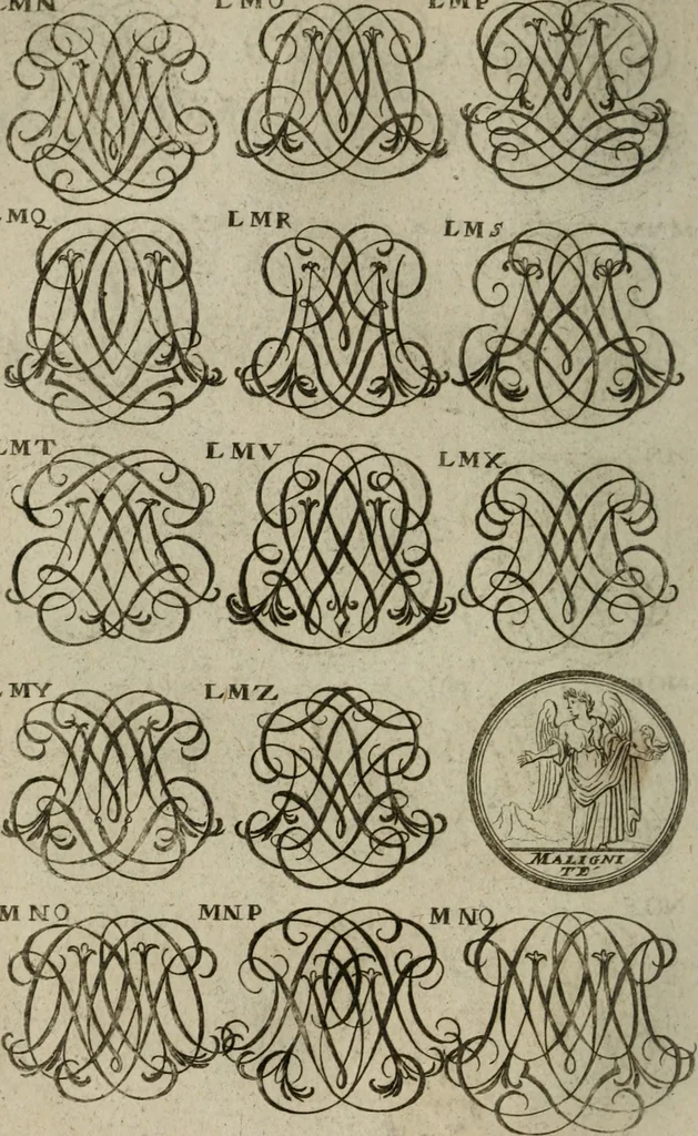An illustration from Recueil d'emblêmes, devises, medailles, et figures hieroglyphiques, au nombre de plus de douze cent, avec leurs explications : accompagné de plus de deux mille chiffres fleuronnez simples, doubles & triples : d'une manière nouvelle & fort curieuse pour tous les noms imaginables : avec les tenants, supports, & cimiers servans aux ornemens des armes : cet ouvrage qui est enrichy de deux cens cinquante planches en taille-douce, est très-utile aux graveurs, peintres, sculpteurs, orfevres, brodeurs, serruriers, & à tous ceux qui travaillent au dessein, 1724, leaf 191