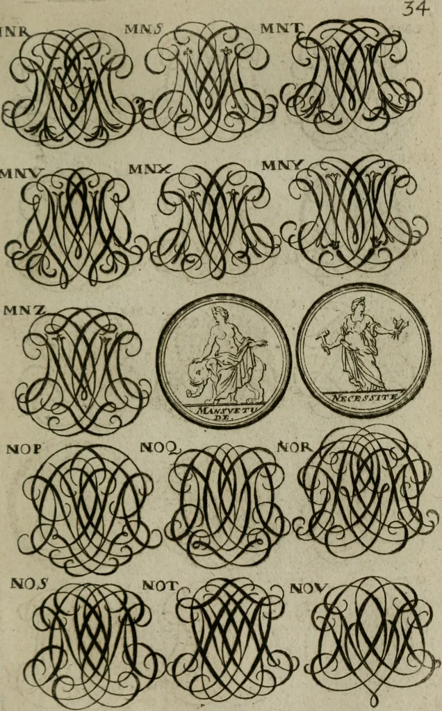 An illustration from Recueil d'emblêmes, devises, medailles, et figures hieroglyphiques, au nombre de plus de douze cent, avec leurs explications : accompagné de plus de deux mille chiffres fleuronnez simples, doubles & triples : d'une manière nouvelle & fort curieuse pour tous les noms imaginables : avec les tenants, supports, & cimiers servans aux ornemens des armes : cet ouvrage qui est enrichy de deux cens cinquante planches en taille-douce, est très-utile aux graveurs, peintres, sculpteurs, orfevres, brodeurs, serruriers, & à tous ceux qui travaillent au dessein, 1724, leaf 192