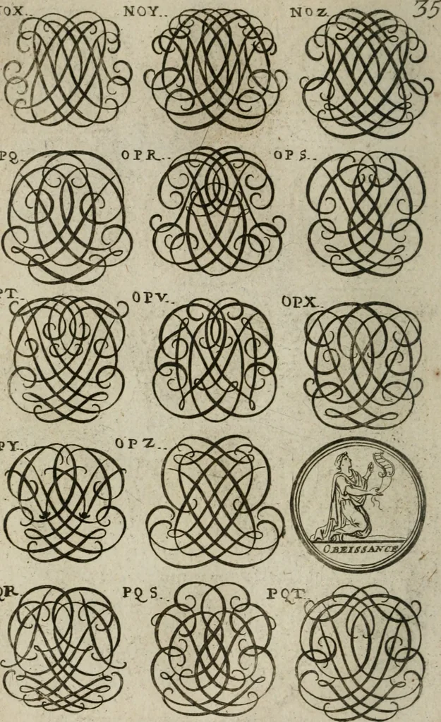 An illustration from Recueil d'emblêmes, devises, medailles, et figures hieroglyphiques, au nombre de plus de douze cent, avec leurs explications : accompagné de plus de deux mille chiffres fleuronnez simples, doubles & triples : d'une manière nouvelle & fort curieuse pour tous les noms imaginables : avec les tenants, supports, & cimiers servans aux ornemens des armes : cet ouvrage qui est enrichy de deux cens cinquante planches en taille-douce, est très-utile aux graveurs, peintres, sculpteurs, orfevres, brodeurs, serruriers, & à tous ceux qui travaillent au dessein, 1724, leaf 193