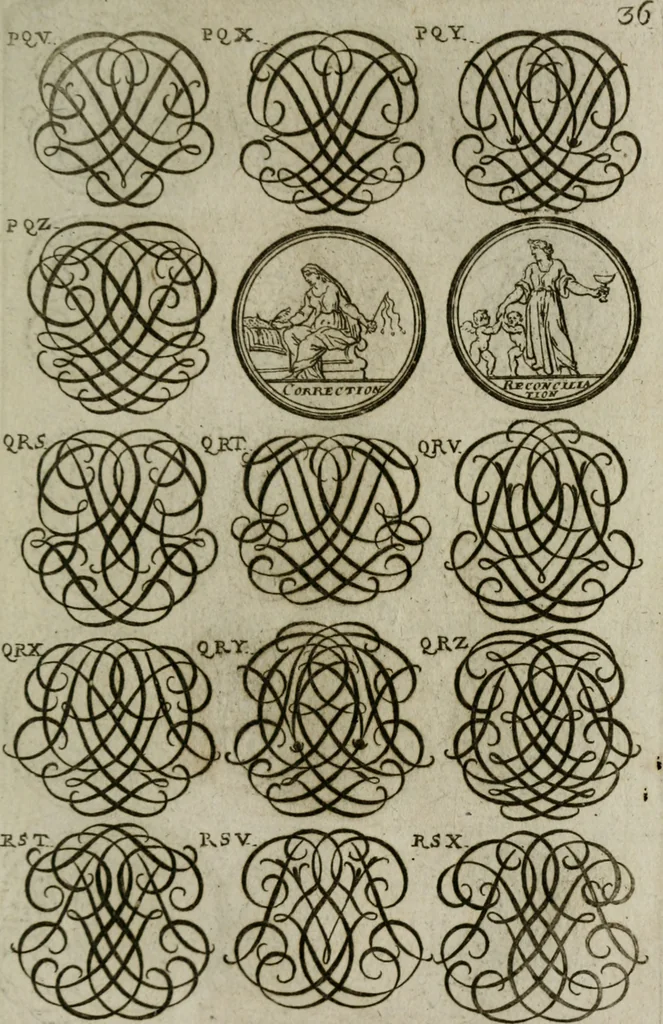 An illustration from Recueil d'emblêmes, devises, medailles, et figures hieroglyphiques, au nombre de plus de douze cent, avec leurs explications : accompagné de plus de deux mille chiffres fleuronnez simples, doubles & triples : d'une manière nouvelle & fort curieuse pour tous les noms imaginables : avec les tenants, supports, & cimiers servans aux ornemens des armes : cet ouvrage qui est enrichy de deux cens cinquante planches en taille-douce, est très-utile aux graveurs, peintres, sculpteurs, orfevres, brodeurs, serruriers, & à tous ceux qui travaillent au dessein, 1724, leaf 194