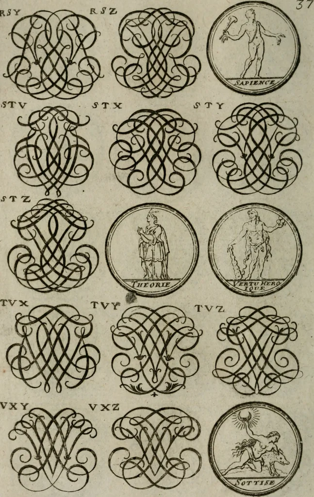 An illustration from Recueil d'emblêmes, devises, medailles, et figures hieroglyphiques, au nombre de plus de douze cent, avec leurs explications : accompagné de plus de deux mille chiffres fleuronnez simples, doubles & triples : d'une manière nouvelle & fort curieuse pour tous les noms imaginables : avec les tenants, supports, & cimiers servans aux ornemens des armes : cet ouvrage qui est enrichy de deux cens cinquante planches en taille-douce, est très-utile aux graveurs, peintres, sculpteurs, orfevres, brodeurs, serruriers, & à tous ceux qui travaillent au dessein, 1724, leaf 195