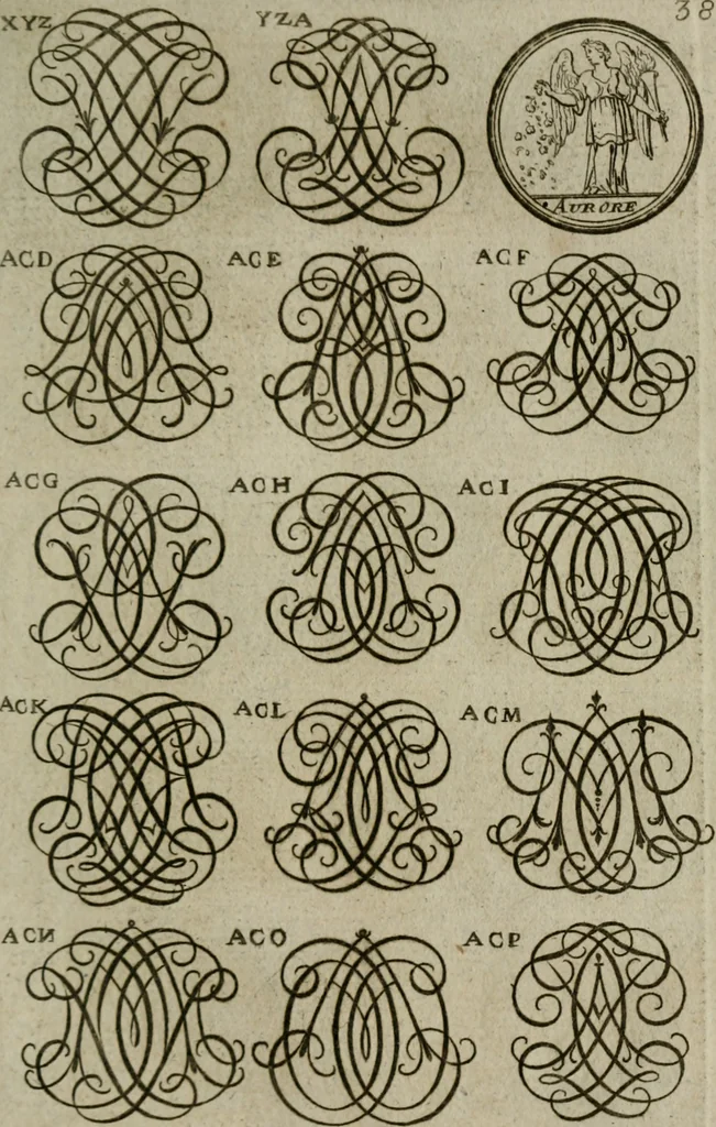 An illustration from Recueil d'emblêmes, devises, medailles, et figures hieroglyphiques, au nombre de plus de douze cent, avec leurs explications : accompagné de plus de deux mille chiffres fleuronnez simples, doubles & triples : d'une manière nouvelle & fort curieuse pour tous les noms imaginables : avec les tenants, supports, & cimiers servans aux ornemens des armes : cet ouvrage qui est enrichy de deux cens cinquante planches en taille-douce, est très-utile aux graveurs, peintres, sculpteurs, orfevres, brodeurs, serruriers, & à tous ceux qui travaillent au dessein, 1724, leaf 196