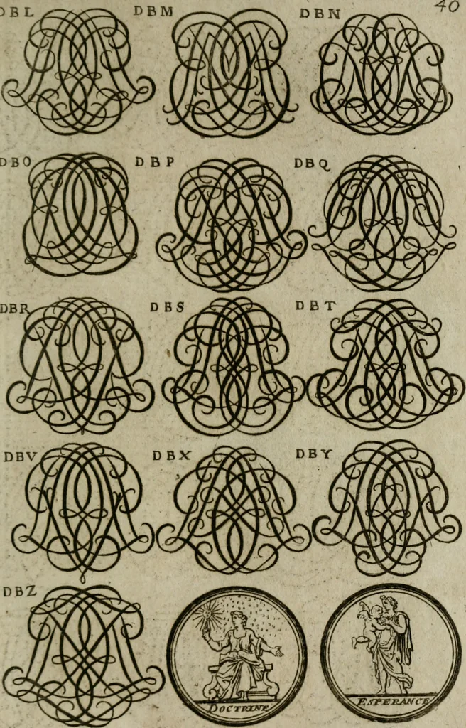 An illustration from Recueil d'emblêmes, devises, medailles, et figures hieroglyphiques, au nombre de plus de douze cent, avec leurs explications : accompagné de plus de deux mille chiffres fleuronnez simples, doubles & triples : d'une manière nouvelle & fort curieuse pour tous les noms imaginables : avec les tenants, supports, & cimiers servans aux ornemens des armes : cet ouvrage qui est enrichy de deux cens cinquante planches en taille-douce, est très-utile aux graveurs, peintres, sculpteurs, orfevres, brodeurs, serruriers, & à tous ceux qui travaillent au dessein, 1724, leaf 198