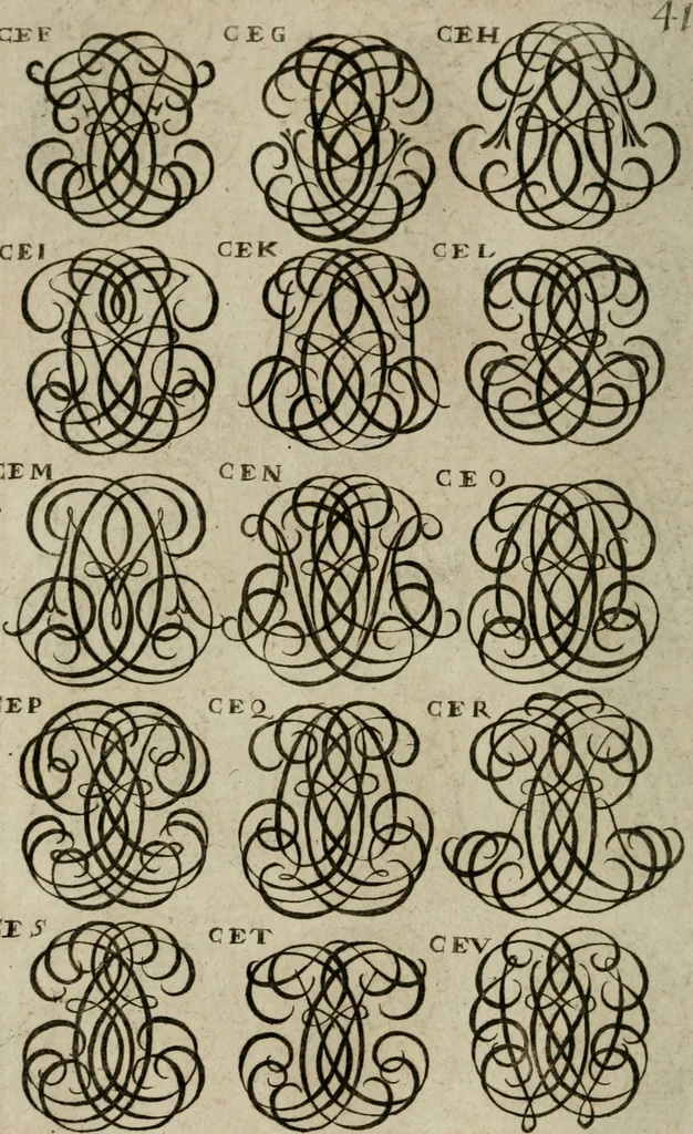 An illustration from Recueil d'emblêmes, devises, medailles, et figures hieroglyphiques, au nombre de plus de douze cent, avec leurs explications : accompagné de plus de deux mille chiffres fleuronnez simples, doubles & triples : d'une manière nouvelle & fort curieuse pour tous les noms imaginables : avec les tenants, supports, & cimiers servans aux ornemens des armes : cet ouvrage qui est enrichy de deux cens cinquante planches en taille-douce, est très-utile aux graveurs, peintres, sculpteurs, orfevres, brodeurs, serruriers, & à tous ceux qui travaillent au dessein, 1724, leaf 199