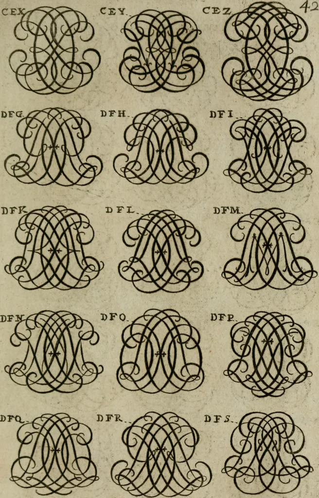 An illustration from Recueil d'emblêmes, devises, medailles, et figures hieroglyphiques, au nombre de plus de douze cent, avec leurs explications : accompagné de plus de deux mille chiffres fleuronnez simples, doubles & triples : d'une manière nouvelle & fort curieuse pour tous les noms imaginables : avec les tenants, supports, & cimiers servans aux ornemens des armes : cet ouvrage qui est enrichy de deux cens cinquante planches en taille-douce, est très-utile aux graveurs, peintres, sculpteurs, orfevres, brodeurs, serruriers, & à tous ceux qui travaillent au dessein, 1724, leaf 200