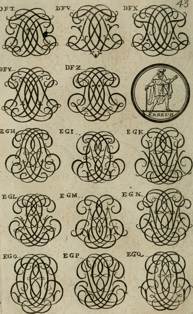 An illustration from Recueil d'emblêmes, devises, medailles, et figures hieroglyphiques, au nombre de plus de douze cent, avec leurs explications : accompagné de plus de deux mille chiffres fleuronnez simples, doubles & triples : d'une manière nouvelle & fort curieuse pour tous les noms imaginables : avec les tenants, supports, & cimiers servans aux ornemens des armes : cet ouvrage qui est enrichy de deux cens cinquante planches en taille-douce, est très-utile aux graveurs, peintres, sculpteurs, orfevres, brodeurs, serruriers, & à tous ceux qui travaillent au dessein, 1724, leaf 201