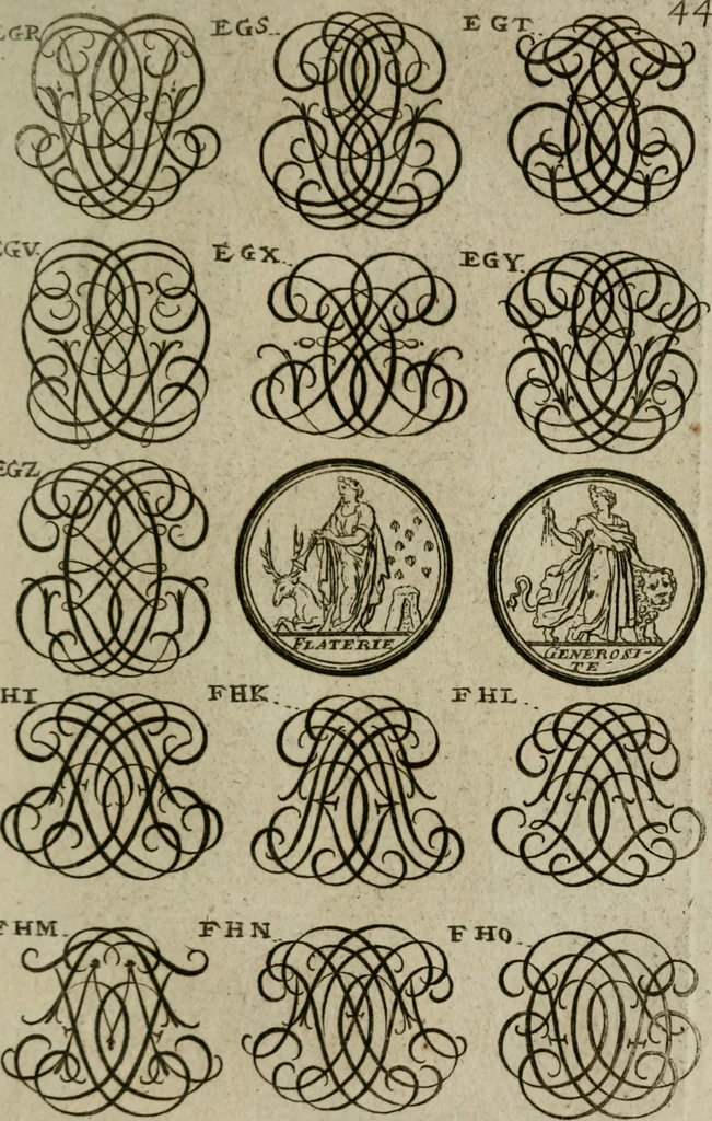 An illustration from Recueil d'emblêmes, devises, medailles, et figures hieroglyphiques, au nombre de plus de douze cent, avec leurs explications : accompagné de plus de deux mille chiffres fleuronnez simples, doubles & triples : d'une manière nouvelle & fort curieuse pour tous les noms imaginables : avec les tenants, supports, & cimiers servans aux ornemens des armes : cet ouvrage qui est enrichy de deux cens cinquante planches en taille-douce, est très-utile aux graveurs, peintres, sculpteurs, orfevres, brodeurs, serruriers, & à tous ceux qui travaillent au dessein, 1724, leaf 202
