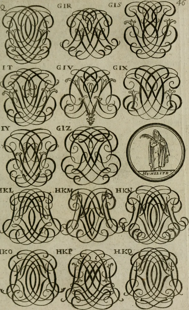 An illustration from Recueil d'emblêmes, devises, medailles, et figures hieroglyphiques, au nombre de plus de douze cent, avec leurs explications : accompagné de plus de deux mille chiffres fleuronnez simples, doubles & triples : d'une manière nouvelle & fort curieuse pour tous les noms imaginables : avec les tenants, supports, & cimiers servans aux ornemens des armes : cet ouvrage qui est enrichy de deux cens cinquante planches en taille-douce, est très-utile aux graveurs, peintres, sculpteurs, orfevres, brodeurs, serruriers, & à tous ceux qui travaillent au dessein, 1724, leaf 204