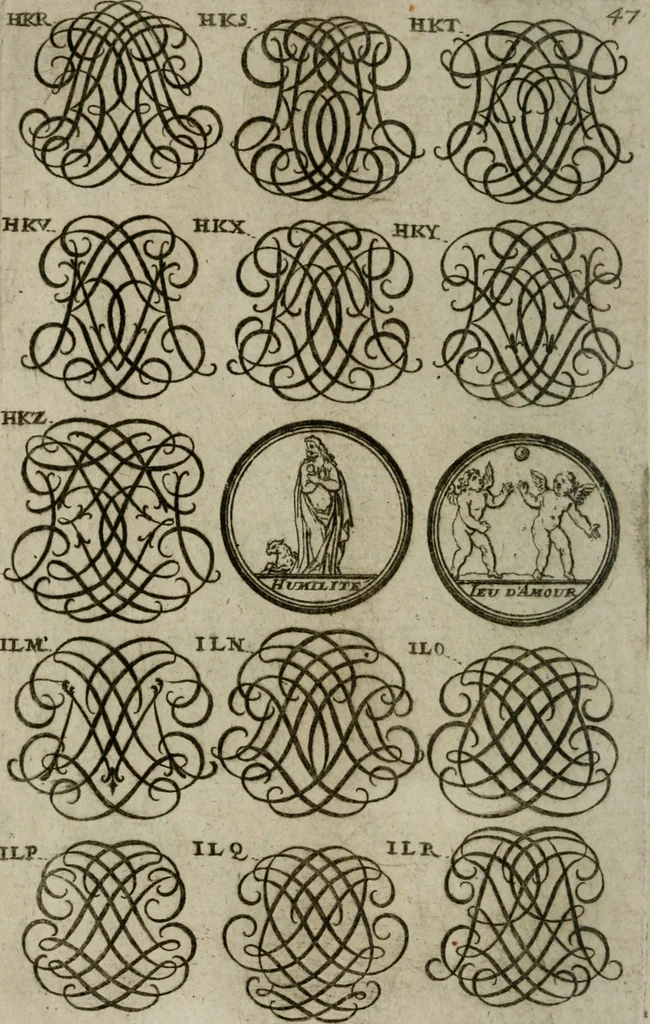 An illustration from Recueil d'emblêmes, devises, medailles, et figures hieroglyphiques, au nombre de plus de douze cent, avec leurs explications : accompagné de plus de deux mille chiffres fleuronnez simples, doubles & triples : d'une manière nouvelle & fort curieuse pour tous les noms imaginables : avec les tenants, supports, & cimiers servans aux ornemens des armes : cet ouvrage qui est enrichy de deux cens cinquante planches en taille-douce, est très-utile aux graveurs, peintres, sculpteurs, orfevres, brodeurs, serruriers, & à tous ceux qui travaillent au dessein, 1724, leaf 205