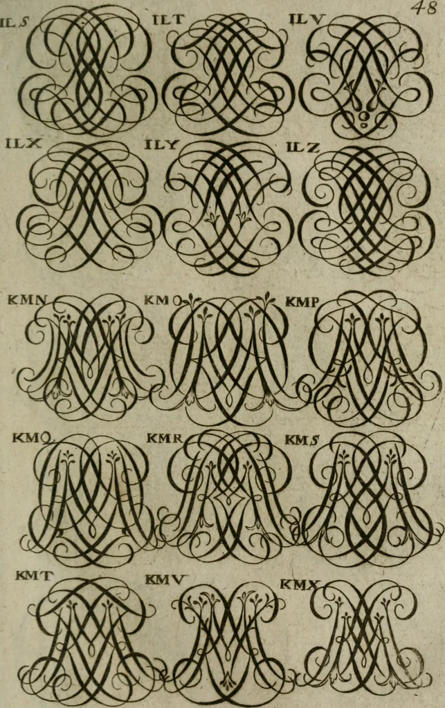 An illustration from Recueil d'emblêmes, devises, medailles, et figures hieroglyphiques, au nombre de plus de douze cent, avec leurs explications : accompagné de plus de deux mille chiffres fleuronnez simples, doubles & triples : d'une manière nouvelle & fort curieuse pour tous les noms imaginables : avec les tenants, supports, & cimiers servans aux ornemens des armes : cet ouvrage qui est enrichy de deux cens cinquante planches en taille-douce, est très-utile aux graveurs, peintres, sculpteurs, orfevres, brodeurs, serruriers, & à tous ceux qui travaillent au dessein, 1724, leaf 206