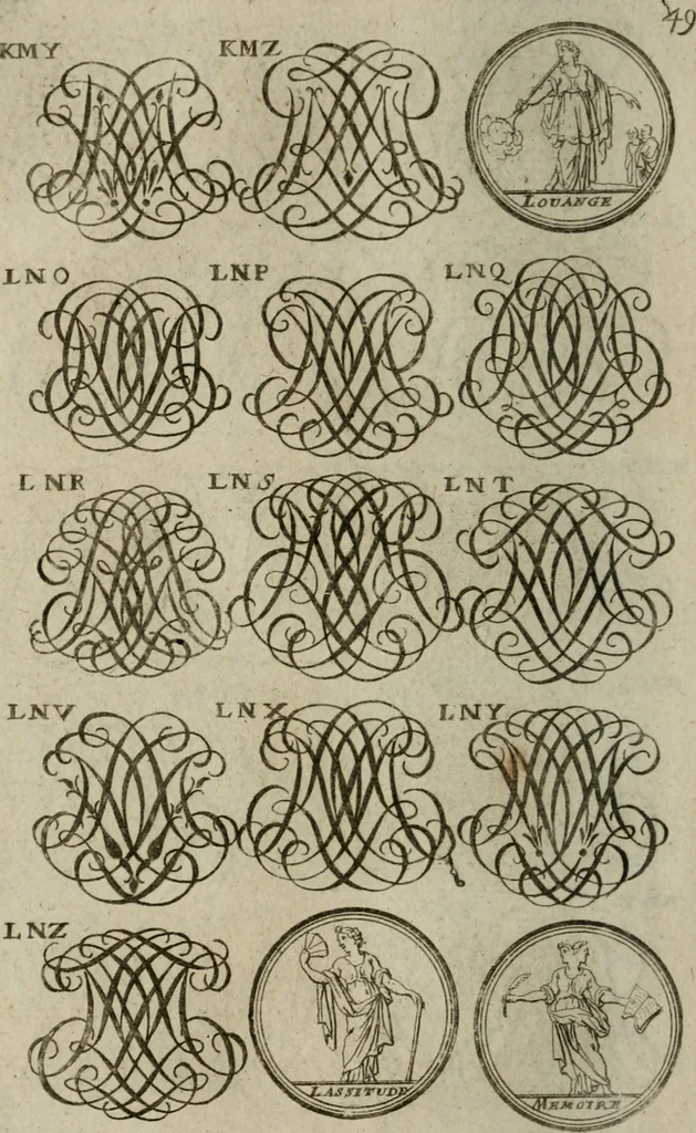 An illustration from Recueil d'emblêmes, devises, medailles, et figures hieroglyphiques, au nombre de plus de douze cent, avec leurs explications : accompagné de plus de deux mille chiffres fleuronnez simples, doubles & triples : d'une manière nouvelle & fort curieuse pour tous les noms imaginables : avec les tenants, supports, & cimiers servans aux ornemens des armes : cet ouvrage qui est enrichy de deux cens cinquante planches en taille-douce, est très-utile aux graveurs, peintres, sculpteurs, orfevres, brodeurs, serruriers, & à tous ceux qui travaillent au dessein, 1724, leaf 207