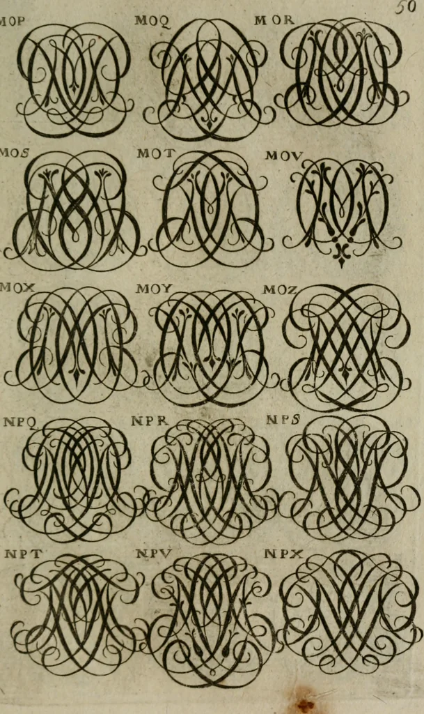 An illustration from Recueil d'emblêmes, devises, medailles, et figures hieroglyphiques, au nombre de plus de douze cent, avec leurs explications : accompagné de plus de deux mille chiffres fleuronnez simples, doubles & triples : d'une manière nouvelle & fort curieuse pour tous les noms imaginables : avec les tenants, supports, & cimiers servans aux ornemens des armes : cet ouvrage qui est enrichy de deux cens cinquante planches en taille-douce, est très-utile aux graveurs, peintres, sculpteurs, orfevres, brodeurs, serruriers, & à tous ceux qui travaillent au dessein, 1724, leaf 208