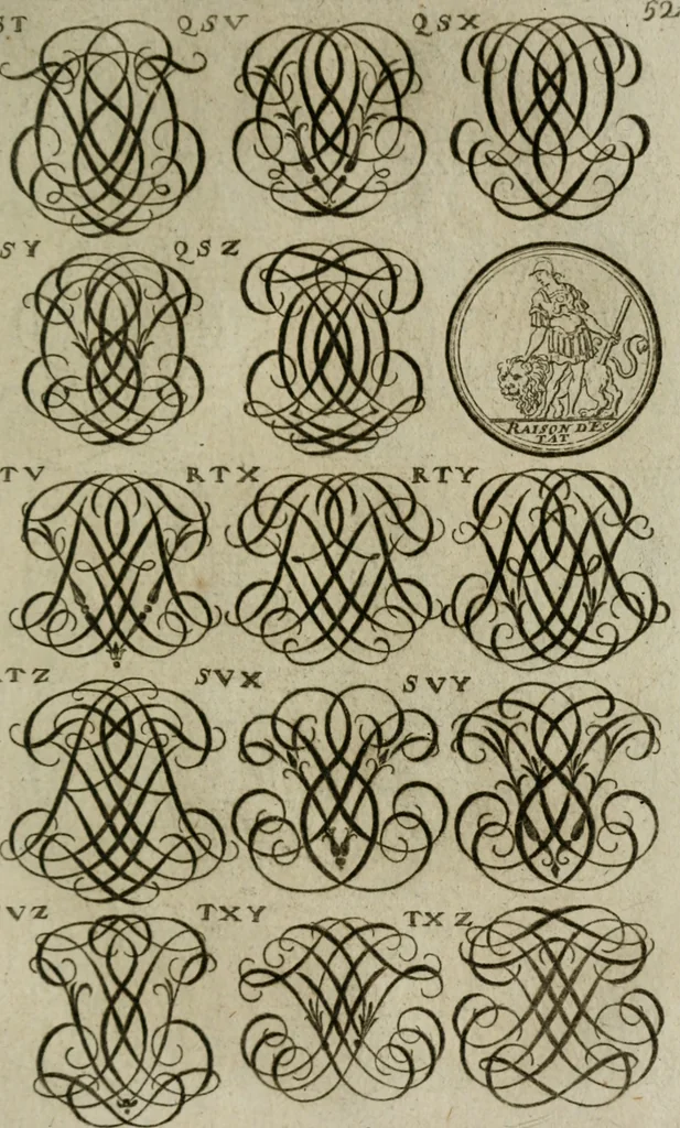An illustration from Recueil d'emblêmes, devises, medailles, et figures hieroglyphiques, au nombre de plus de douze cent, avec leurs explications : accompagné de plus de deux mille chiffres fleuronnez simples, doubles & triples : d'une manière nouvelle & fort curieuse pour tous les noms imaginables : avec les tenants, supports, & cimiers servans aux ornemens des armes : cet ouvrage qui est enrichy de deux cens cinquante planches en taille-douce, est très-utile aux graveurs, peintres, sculpteurs, orfevres, brodeurs, serruriers, & à tous ceux qui travaillent au dessein, 1724, leaf 210