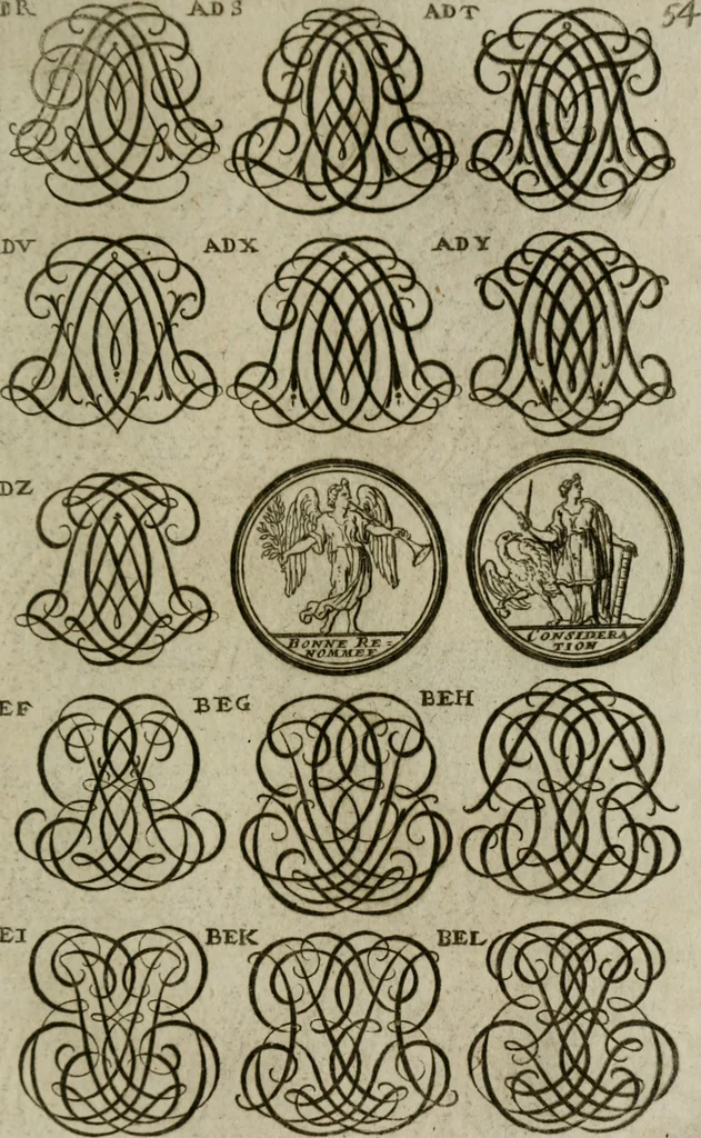 An illustration from Recueil d'emblêmes, devises, medailles, et figures hieroglyphiques, au nombre de plus de douze cent, avec leurs explications : accompagné de plus de deux mille chiffres fleuronnez simples, doubles & triples : d'une manière nouvelle & fort curieuse pour tous les noms imaginables : avec les tenants, supports, & cimiers servans aux ornemens des armes : cet ouvrage qui est enrichy de deux cens cinquante planches en taille-douce, est très-utile aux graveurs, peintres, sculpteurs, orfevres, brodeurs, serruriers, & à tous ceux qui travaillent au dessein, 1724, leaf 212